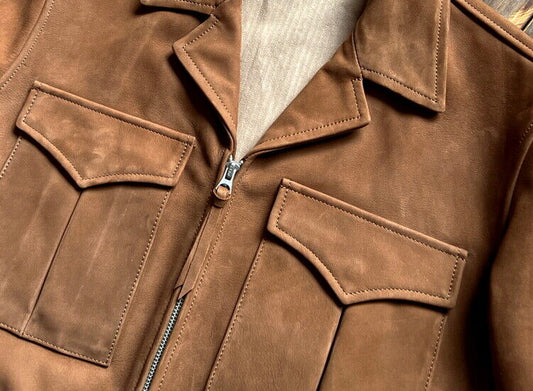 Mens Cowhide Suede Leather Military Jacket Retro American Casual Coat