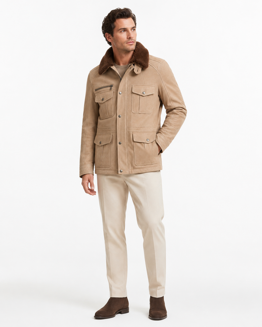 Men’s Beige Leather Field Jacket with Brown Shearling Collar