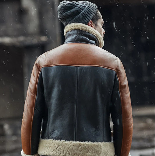Men's Handmade Brown & Black Leather Aviator Jacket – Shearling Collar Winter Biker Jacket