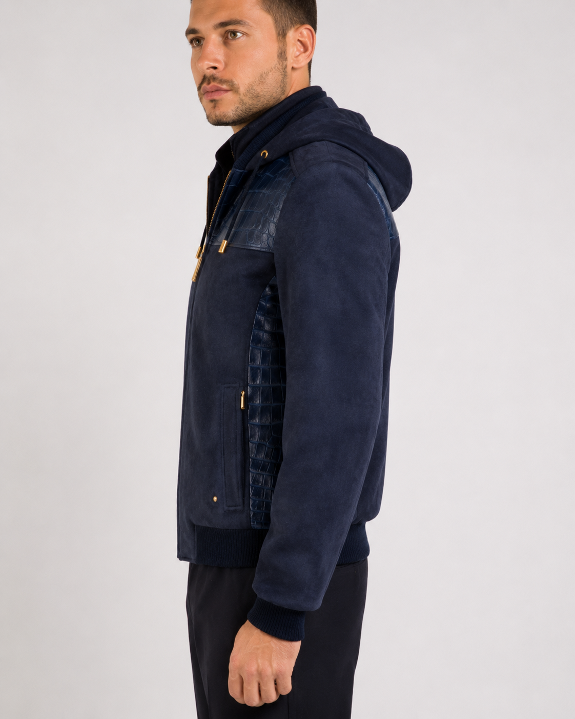 Handmade Navy Suede Leather Hooded Bomber Jacket for Men
