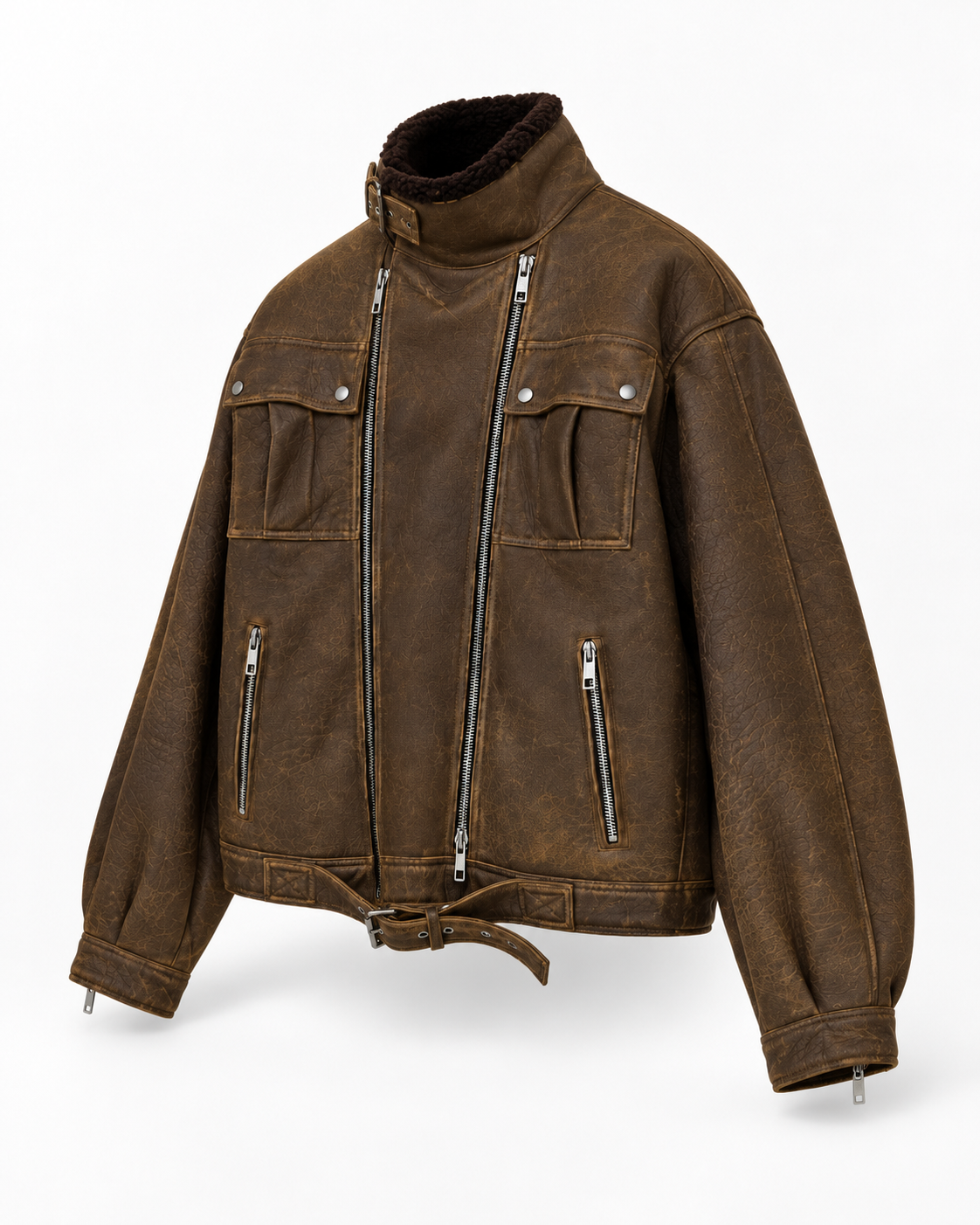 Men's Vintage Brown Leather Bomber Jacket – Handmade Distressed Leather Biker Jacket with High Collar