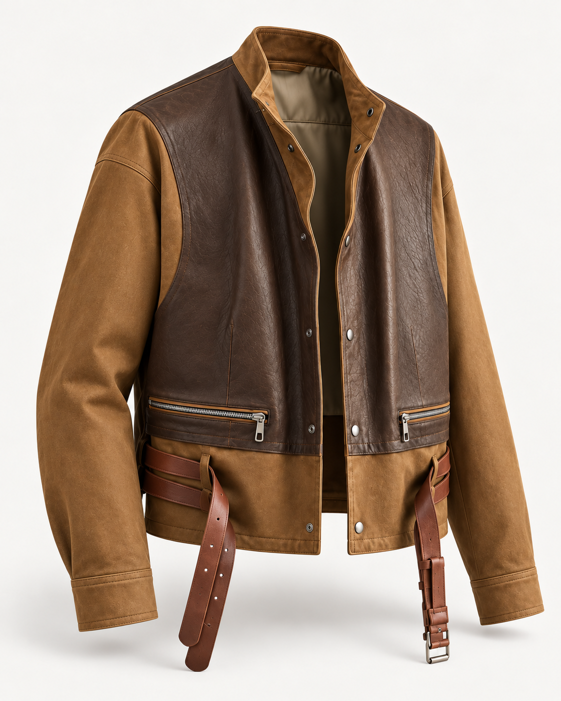 Men's Handmade Two-Tone Brown Leather Bomber Jacket – Vintage Belted Aviator Style
