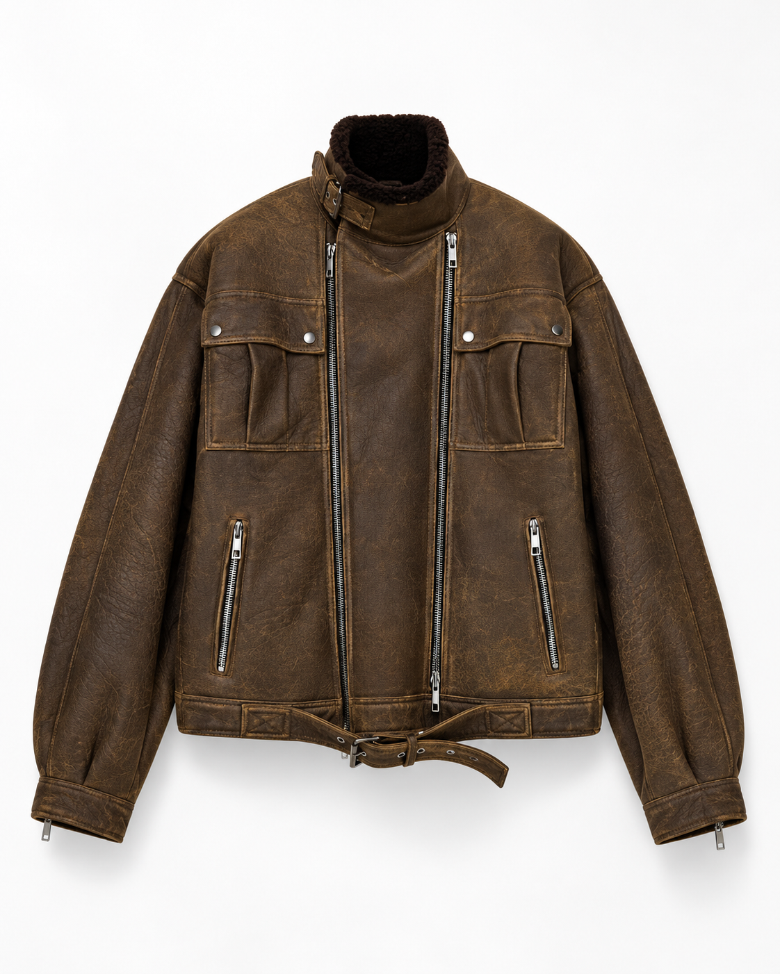Men's Vintage Brown Leather Bomber Jacket – Handmade Distressed Leather Biker Jacket with High Collar