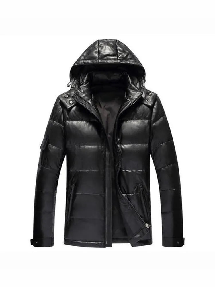 Men's Black Genuine Leather Lambskin Hooded Quilted Down Puffer Jacket