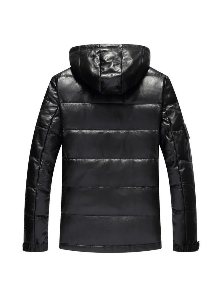 Men's Black Genuine Leather Lambskin Hooded Quilted Down Puffer Jacket