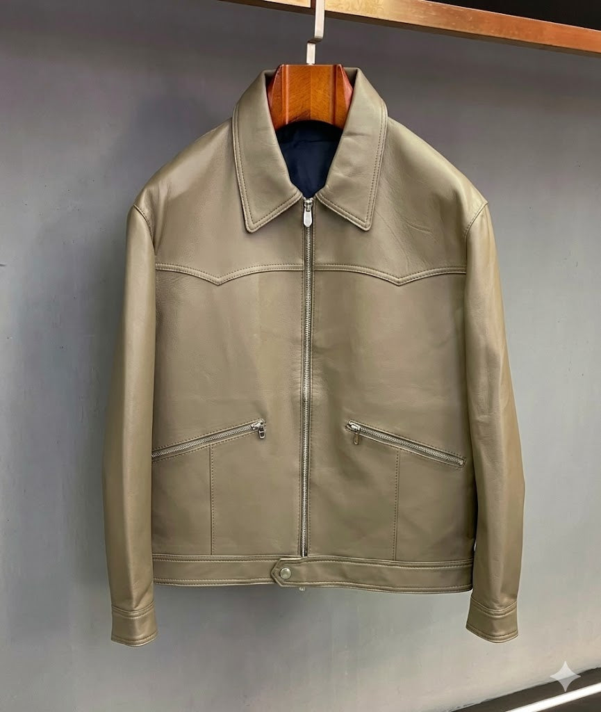 Handmade Men's Genuine Sheep Leather Jacket | Taupe Luxury Jacket