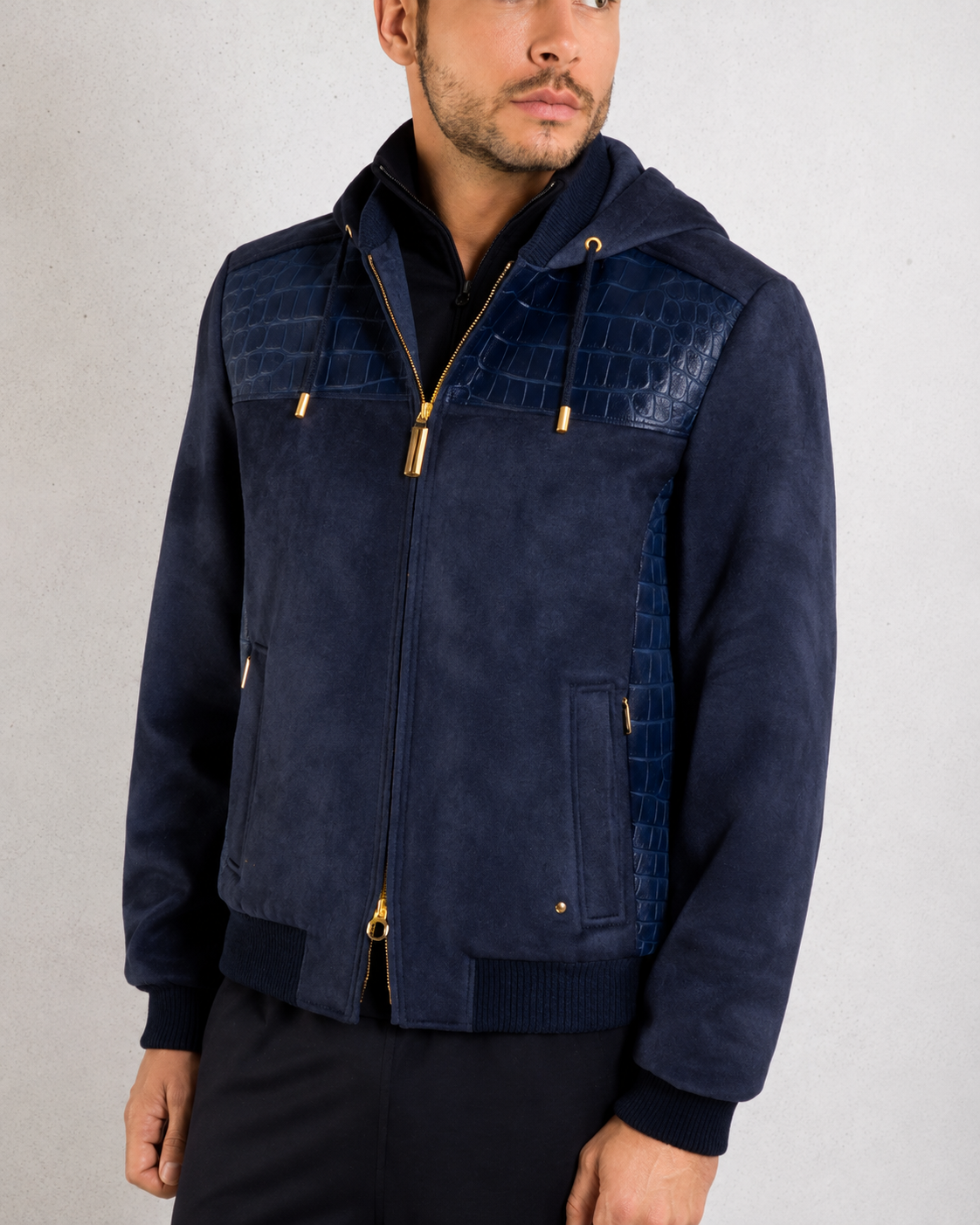 Handmade Navy Suede Leather Hooded Bomber Jacket for Men