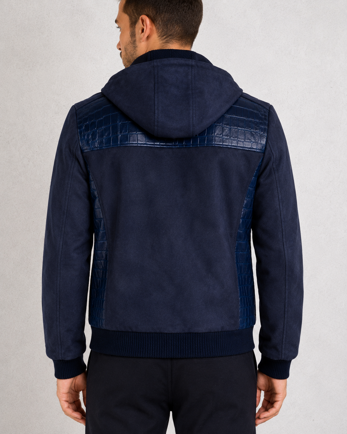 Handmade Navy Suede Leather Hooded Bomber Jacket for Men
