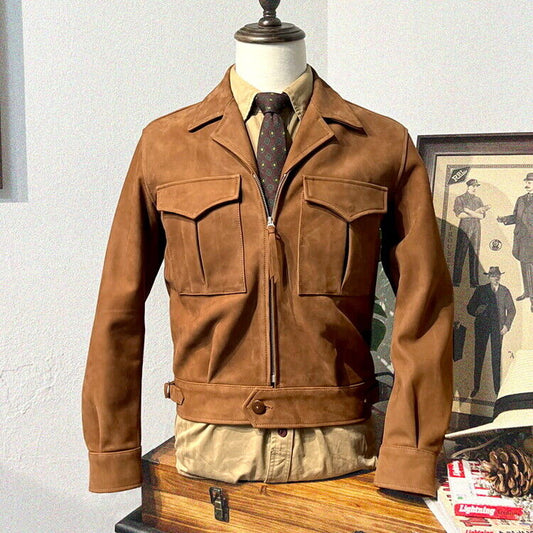 Mens Cowhide Suede Leather Military Jacket Retro American Casual Coat