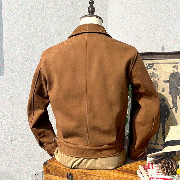 Mens Cowhide Suede Leather Military Jacket Retro American Casual Coat