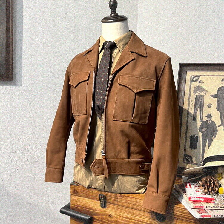 Mens Cowhide Suede Leather Military Jacket Retro American Casual Coat