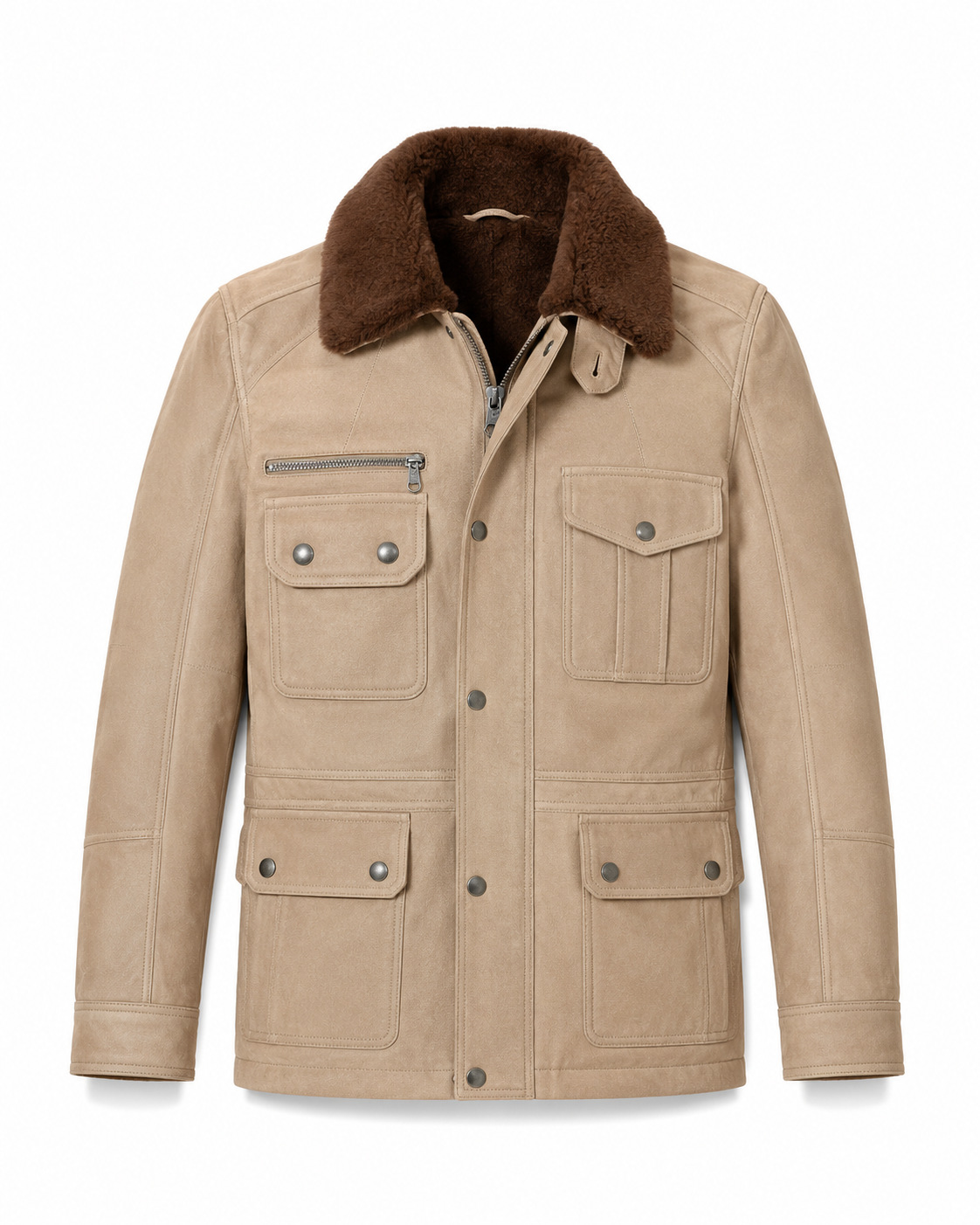 Men’s Beige Leather Field Jacket with Brown Shearling Collar