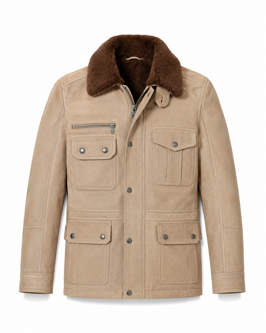 Men’s Beige Leather Field Jacket with Brown Shearling Collar