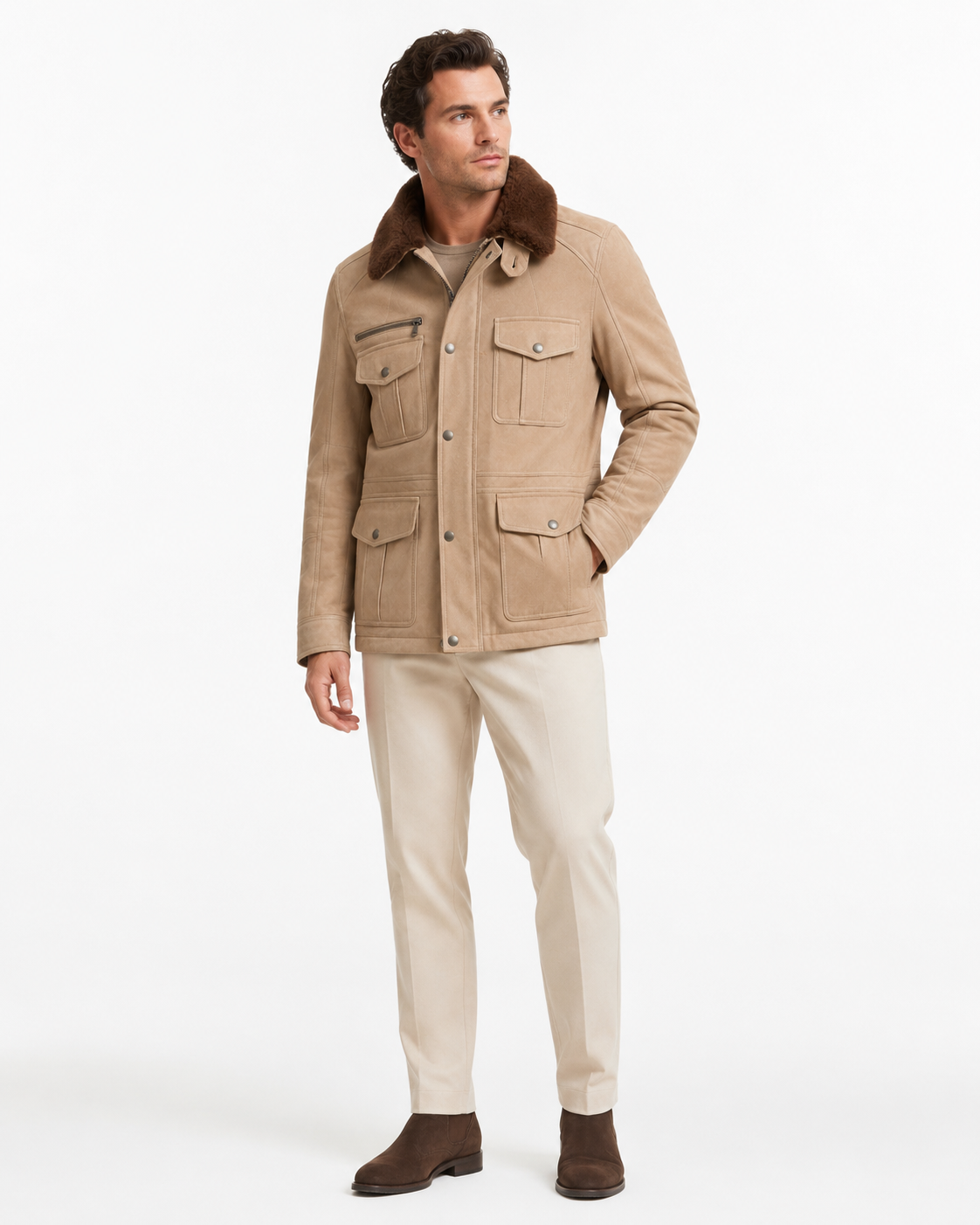Men’s Beige Leather Field Jacket with Brown Shearling Collar