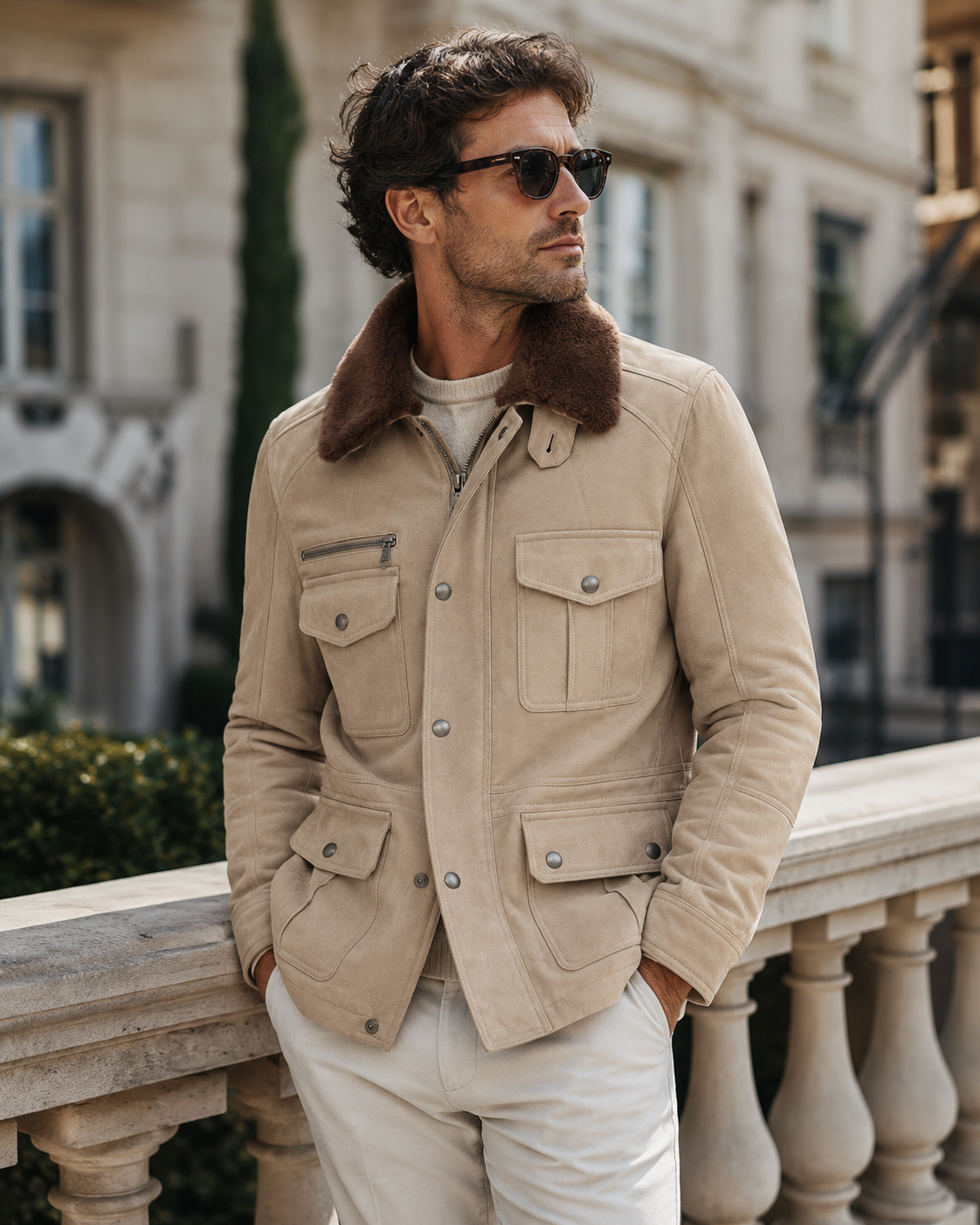 Men’s Beige Leather Field Jacket with Brown Shearling Collar