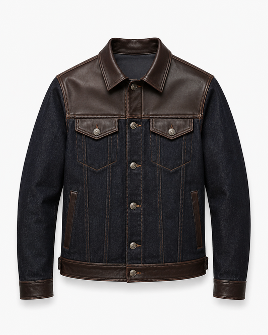 Luxury Men’s Denim & Genuine Leather Trucker Jacket – Handmade Dark Indigo Brown Leather Panel Jacket