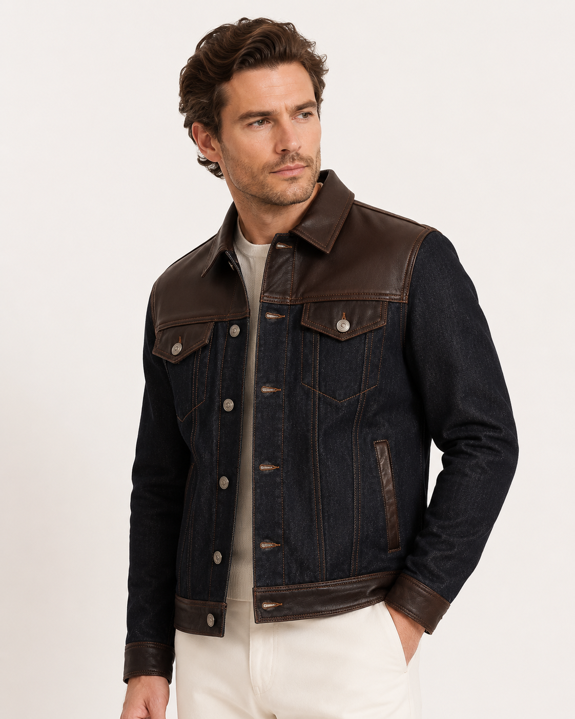 Luxury Men’s Denim & Genuine Leather Trucker Jacket – Handmade Dark Indigo Brown Leather Panel Jacket
