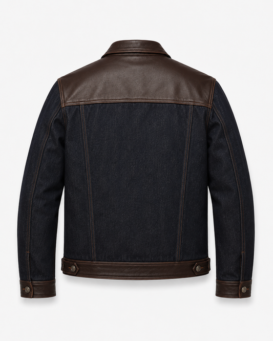 Luxury Men’s Denim & Genuine Leather Trucker Jacket – Handmade Dark Indigo Brown Leather Panel Jacket