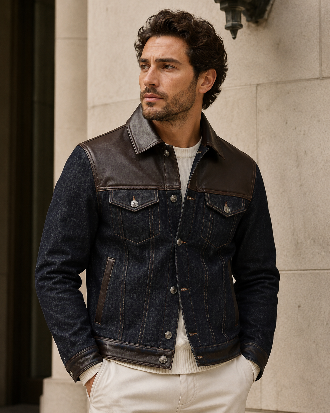 Luxury Men’s Denim & Genuine Leather Trucker Jacket – Handmade Dark Indigo Brown Leather Panel Jacket