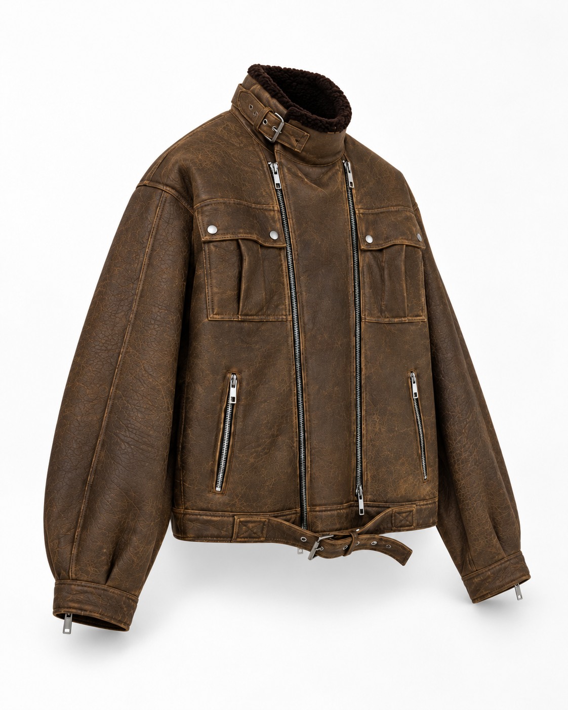 Men's Vintage Brown Leather Bomber Jacket – Handmade Distressed Leather Biker Jacket with High Collar