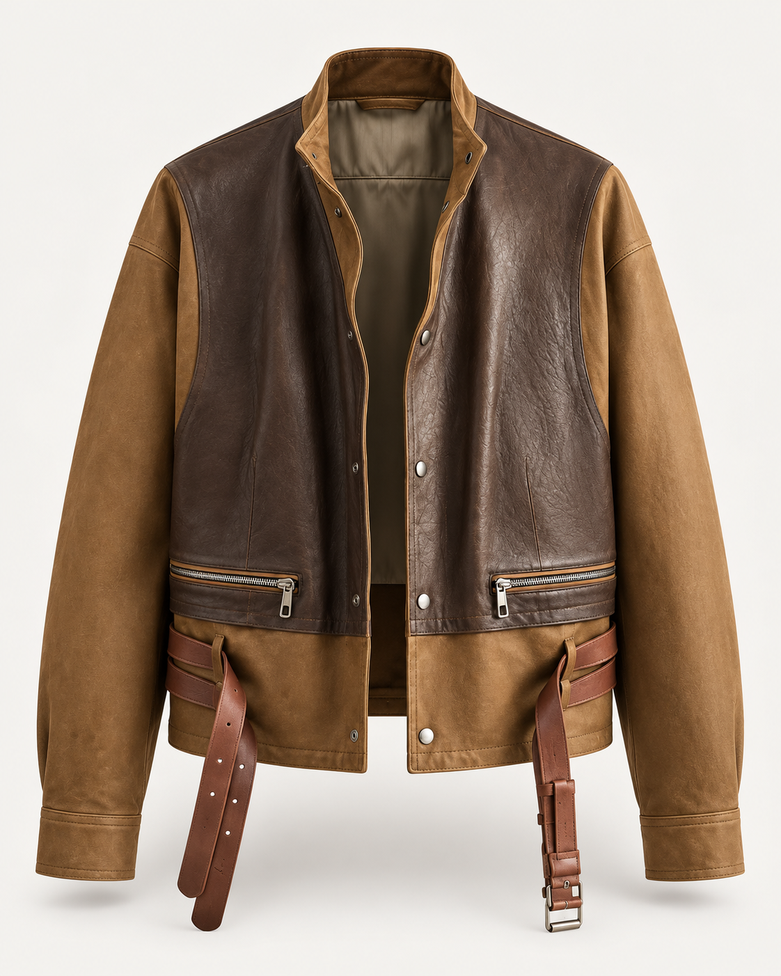 Men's Handmade Two-Tone Brown Leather Bomber Jacket – Vintage Belted Aviator Style