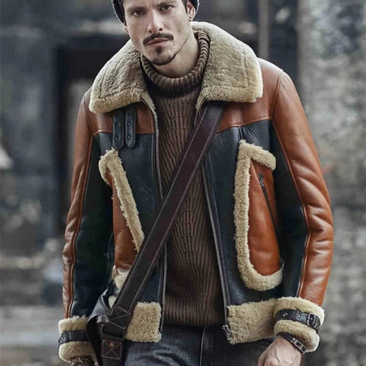 Men's Handmade Brown & Black Leather Aviator Jacket – Shearling Collar Winter Biker Jacket