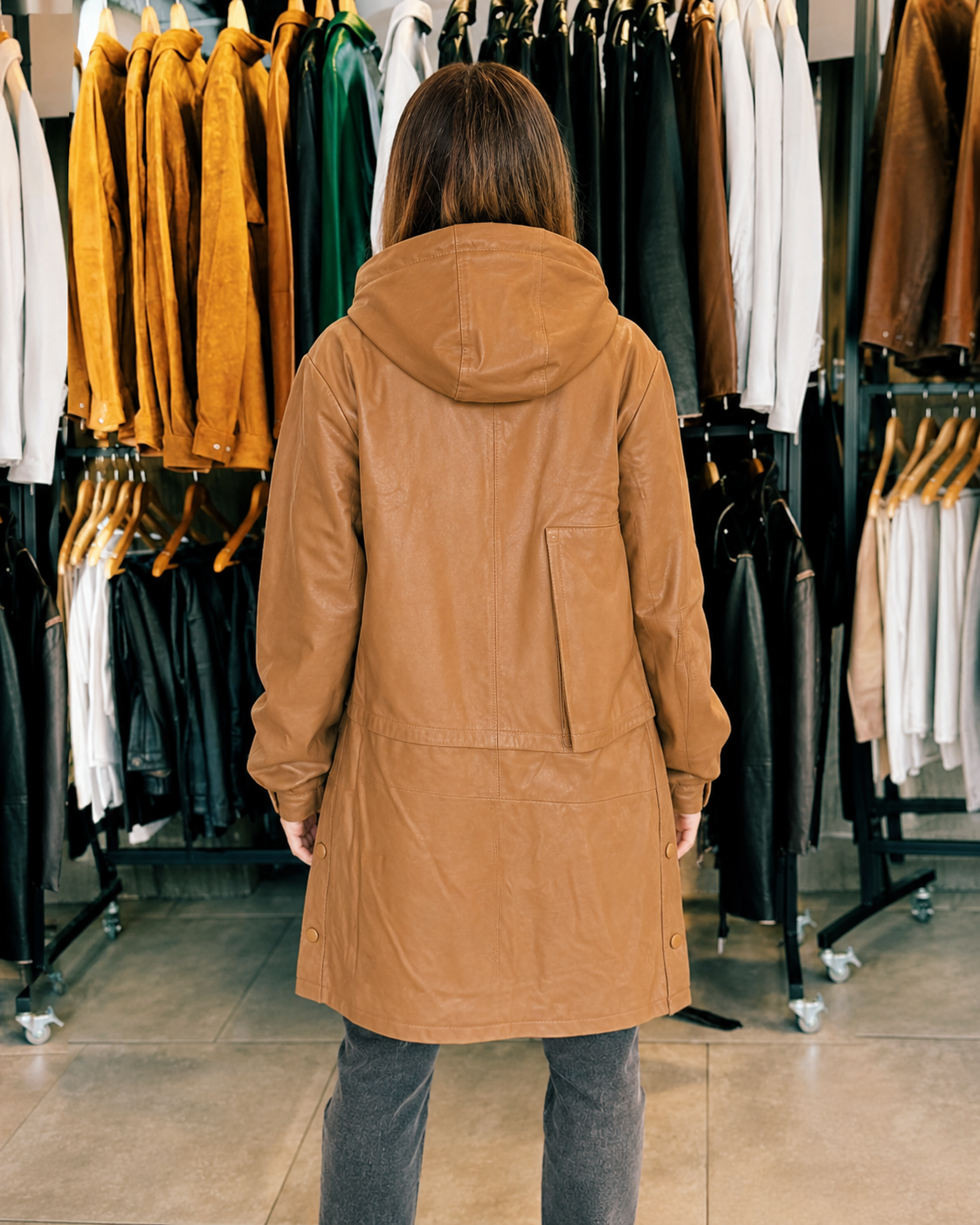 Women's tan hooded leather coat full back view