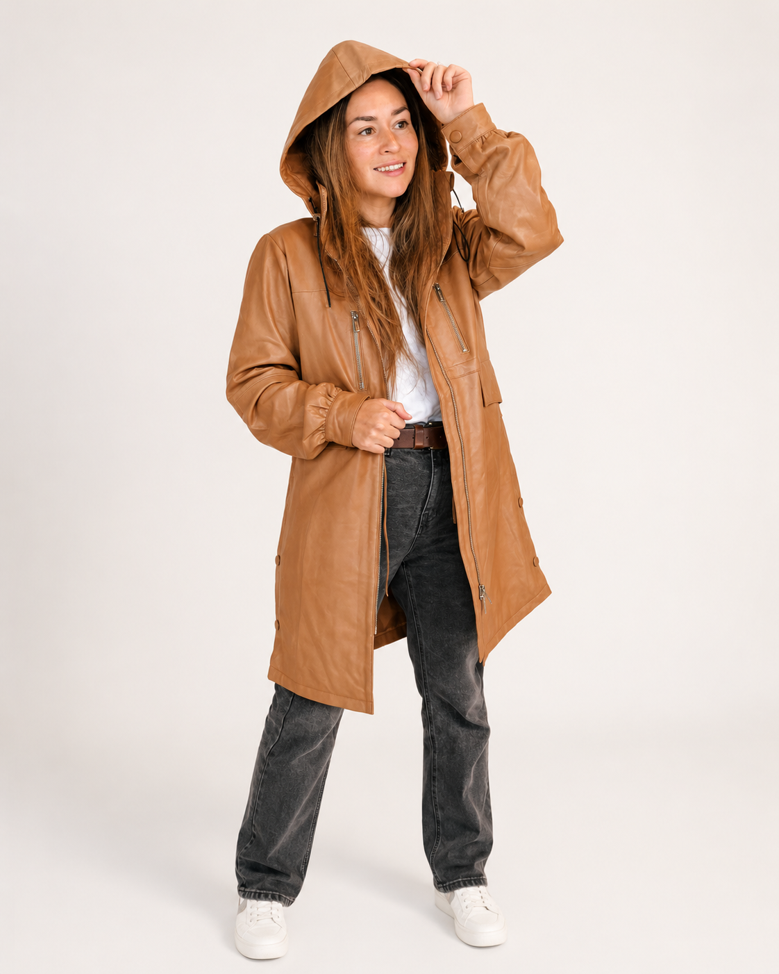 Women's tan hooded leather coat front studio view